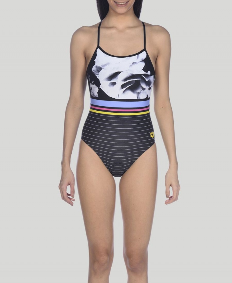 Maillot de Bain Arena Dark Floral Stripes Accelerate Back Noir Multicolore Femme | UGJ-27256151