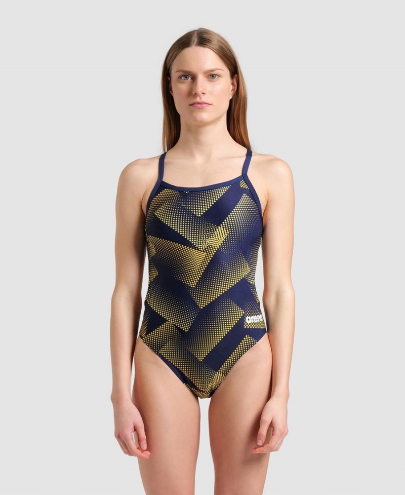 Maillot de Bain Arena Halftone Challenge Back Bleu Marine Jaune Femme | BEG-01144434