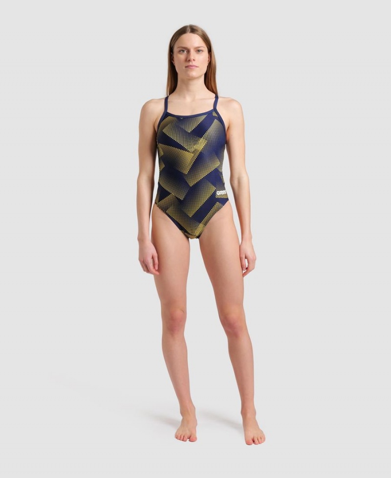 Maillot de Bain Arena Halftone Challenge Back Bleu Marine Jaune Femme | BEG-01144434