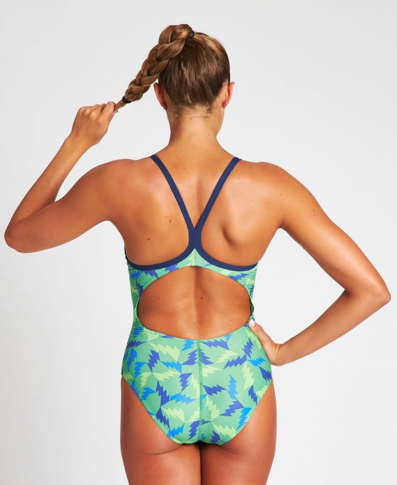 Maillot de Bain Arena Lightning Colors Light Drop Back Bleu Marine Vert Multicolore Femme | VMJ-73666965