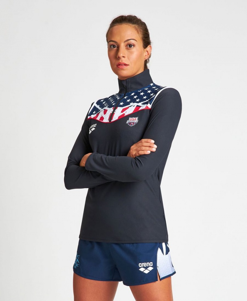 T-Shirt Arena USA Swimming Team Kit Half Zip Noir Femme | LRD-42606306