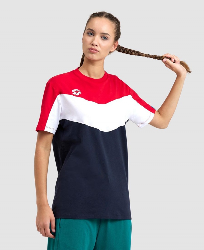 T-Shirt Arena Color Block Rouge Blanche Bleu Marine Femme | XEW-03954699