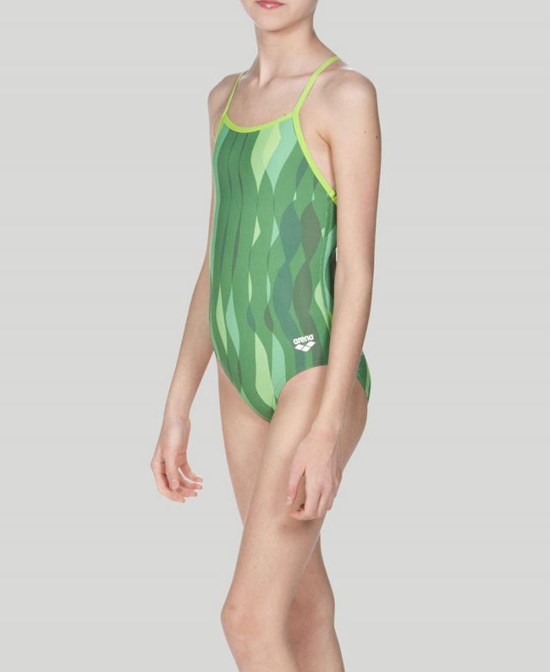 Maillot de Bain Arena Wavy D'eau Youth Light Drop Back Vert Fille | RYV-15817266