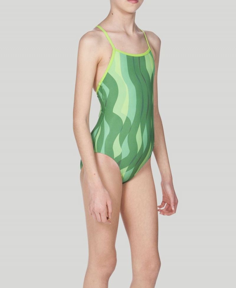 Maillot de Bain Arena Wavy D'eau Youth Light Drop Back Vert Fille | RYV-15817266