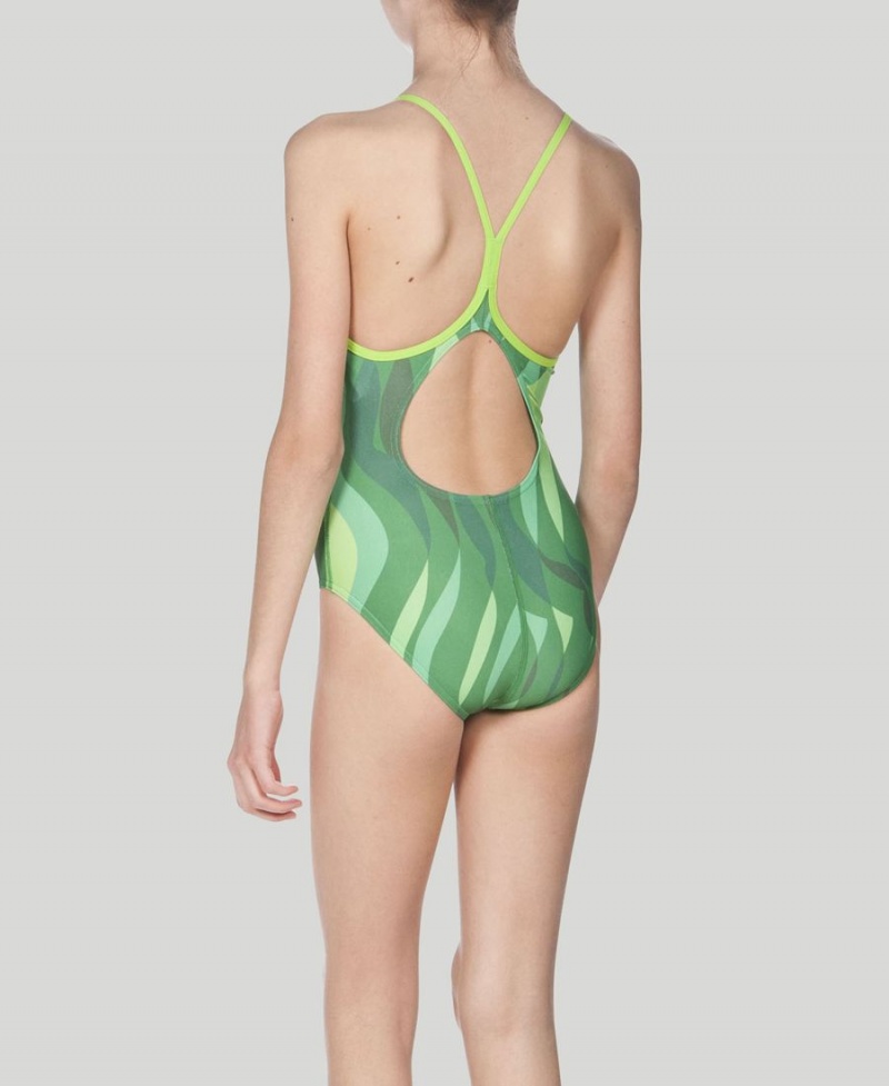 Maillot de Bain Arena Wavy D'eau Youth Light Drop Back Vert Fille | RYV-15817266