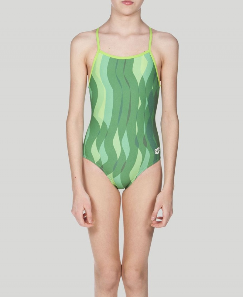 Maillot de Bain Arena Wavy D'eau Youth Light Drop Back Vert Fille | RYV-15817266