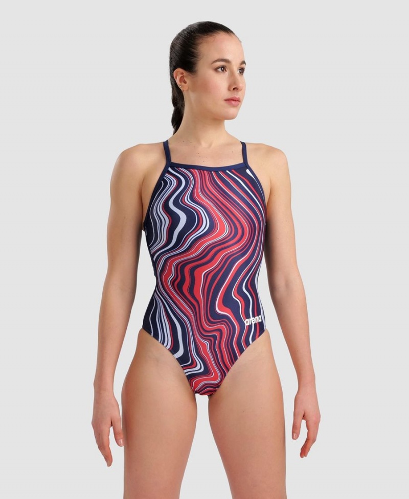 Maillot de Bain Arena Marbled Lightdrop Back Bleu Marine Rouge Multicolore Fille | AIA-35836648