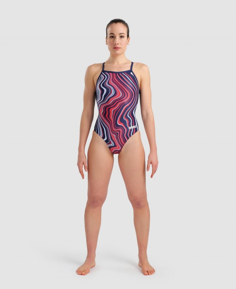 Maillot de Bain Arena Marbled Lightdrop Back Bleu Marine Rouge Multicolore Fille | AIA-35836648