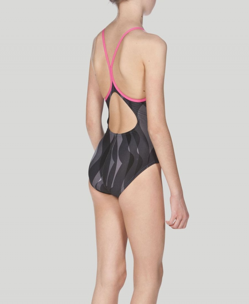 Maillot de Bain Arena Wavy D'eau Youth Light Drop Back Noir Rose Fille | VUQ-91927378