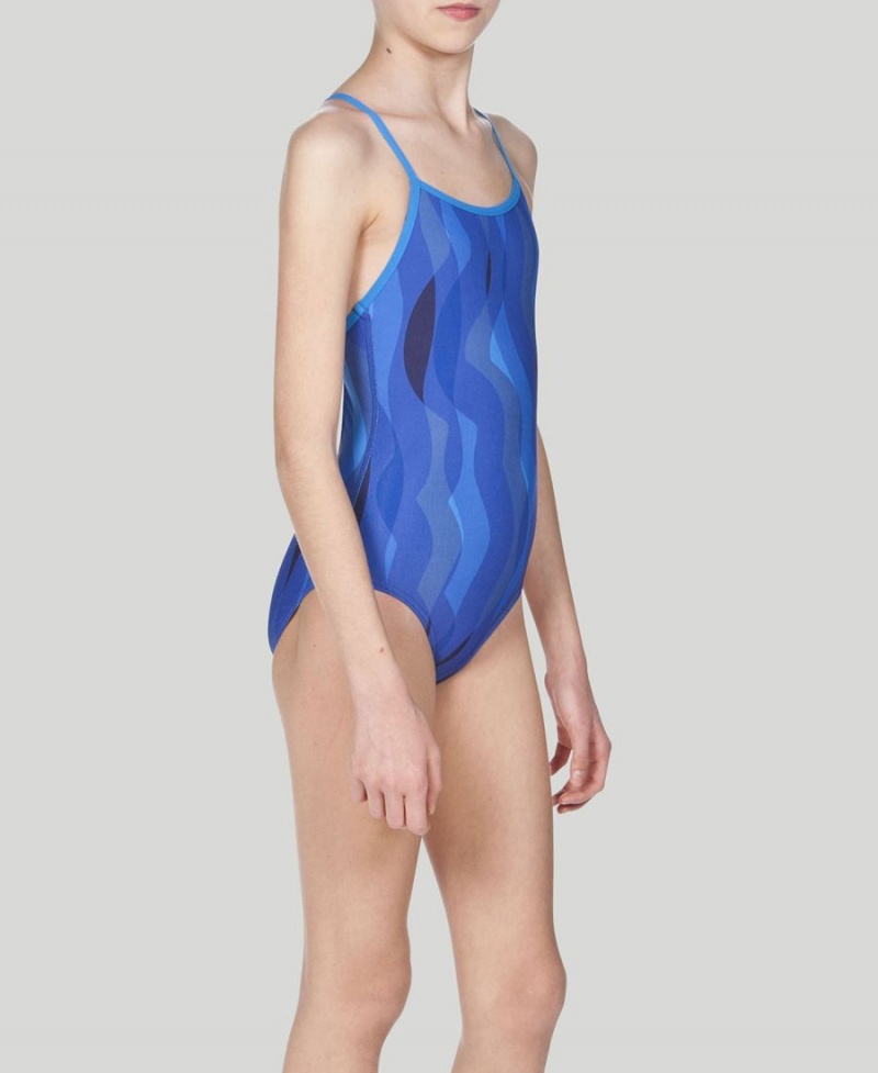 Maillot de Bain Arena Wavy D'eau Youth Light Drop Back Bleu Marine Bleu Fille | YJQ-73603337