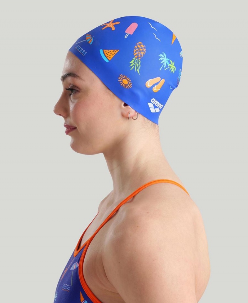 Bonnet de Bain Arena Print Silicone Bleu | XDM-42944680