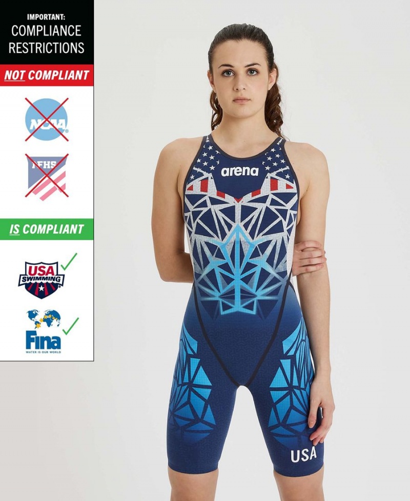 Combinaison Natation Arena Core FX Open Back USA Athlete Authentic Limited Edition Bleu Marine Multicolore Femme | QYV-45191754