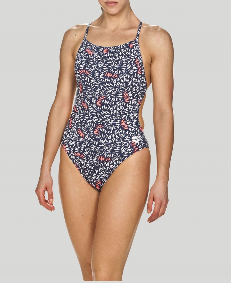 Maillot de Bain Arena Memphis Allover Booster Back Bleu Marine Blanche Rose Femme | TDY-88935715