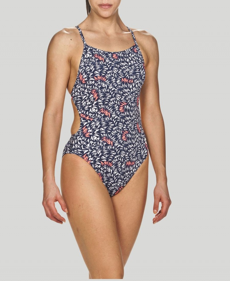 Maillot de Bain Arena Memphis Allover Booster Back Bleu Marine Blanche Rose Femme | TDY-88935715