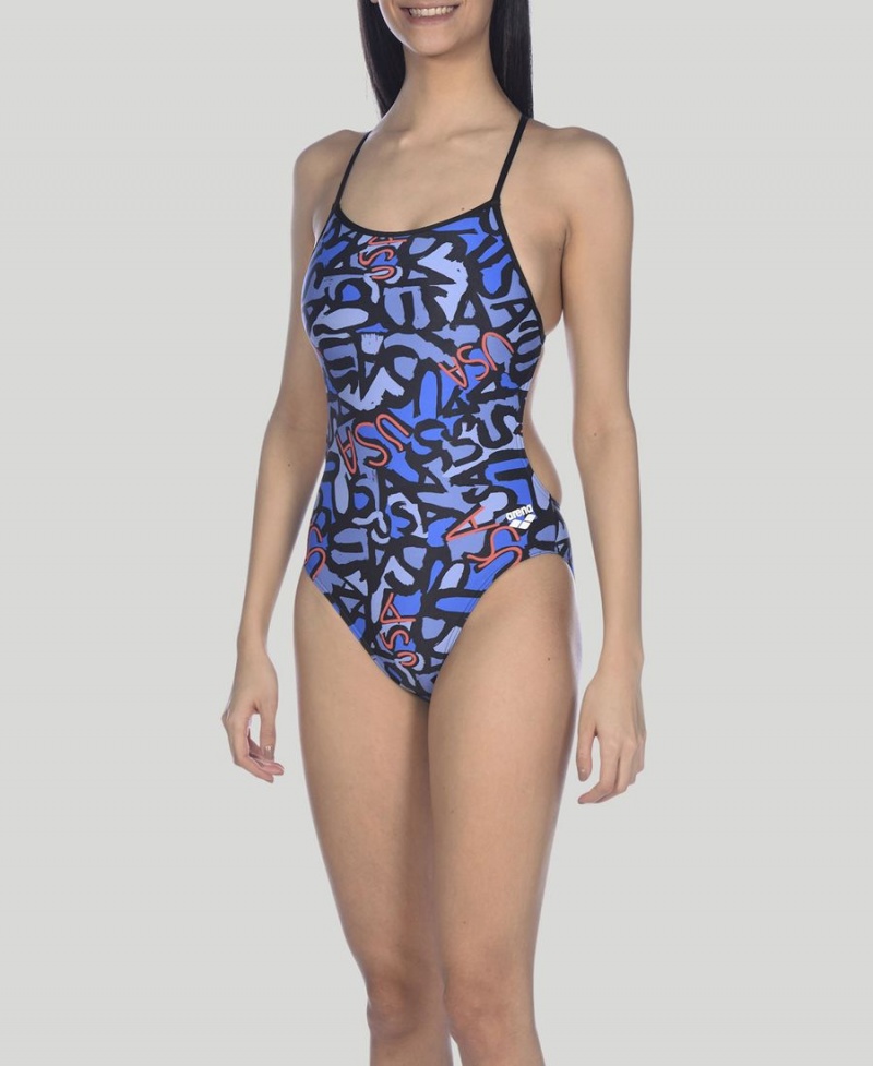 Maillot de Bain Arena Usa Allover Booster Back Bleu Marine Multicolore Femme | CWX-67814393