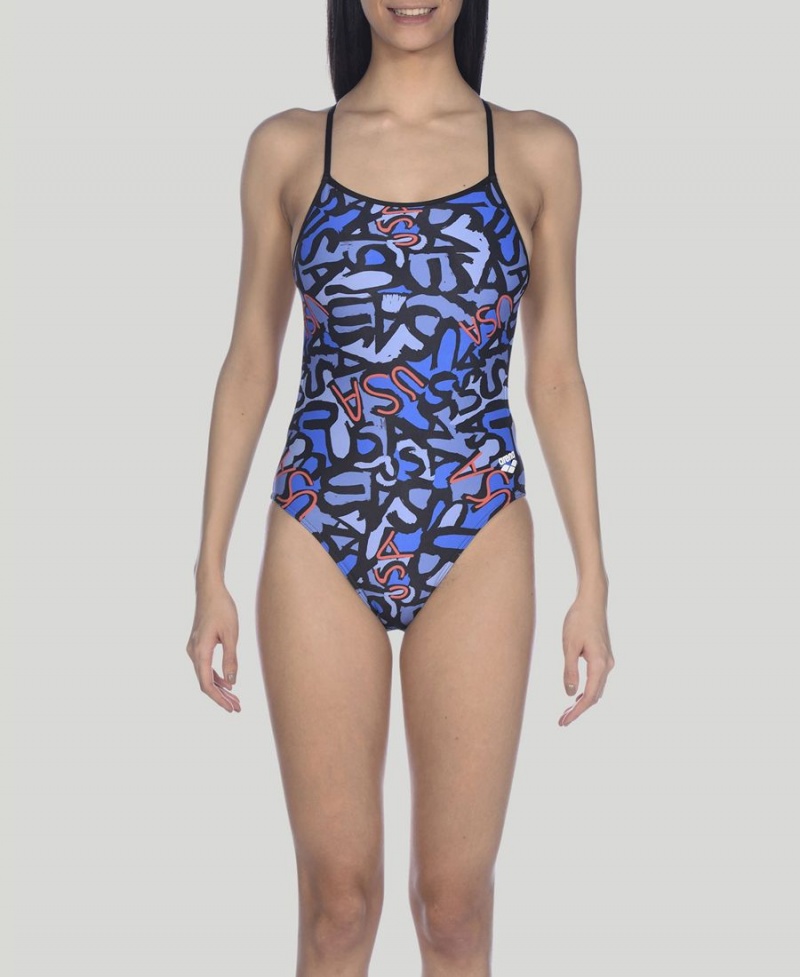 Maillot de Bain Arena Usa Allover Booster Back Bleu Marine Multicolore Femme | CWX-67814393