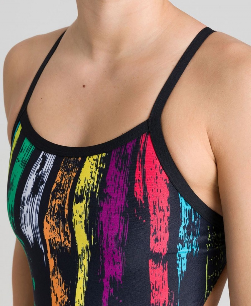 Maillot de Bain Arena Team Painted Stripes Challenge Back Noir Multicolore Femme | YQF-52932890