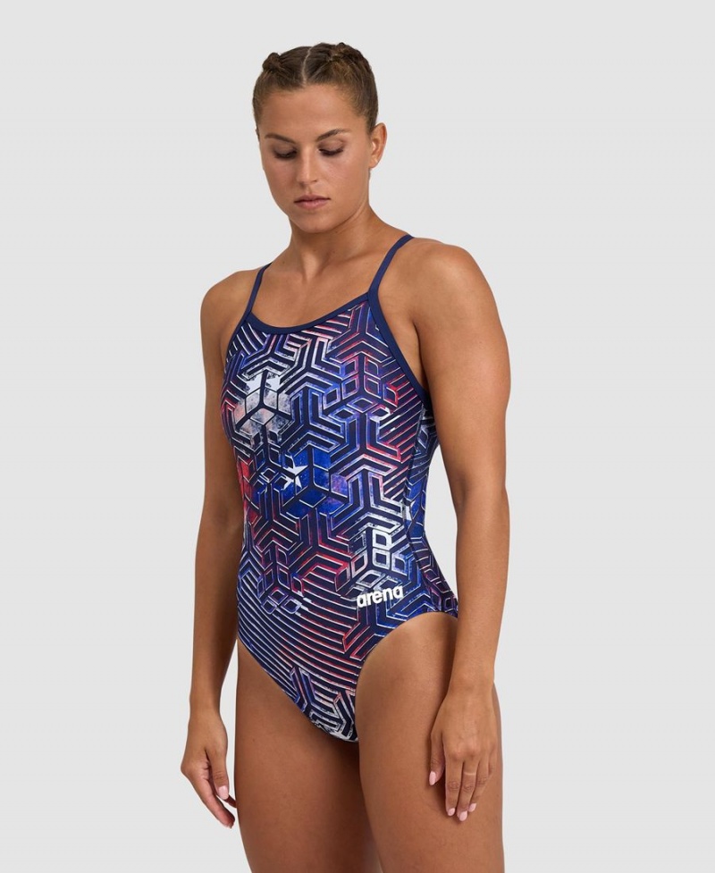 Maillot de Bain Arena Kikko Pro Light Drop Back Bleu Marine Rouge Femme | DJB-03952891