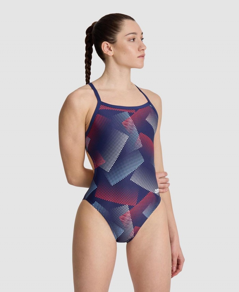 Maillot de Bain Arena Halftone Challenge Back Bleu Marine Rouge Blanche Femme | JPB-45879976