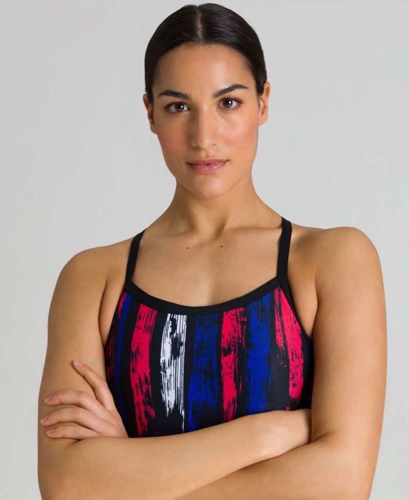 Maillot de Bain Arena Team Painted Stripes Challenge Back Noir Rouge Multicolore Femme | XDC-14489953