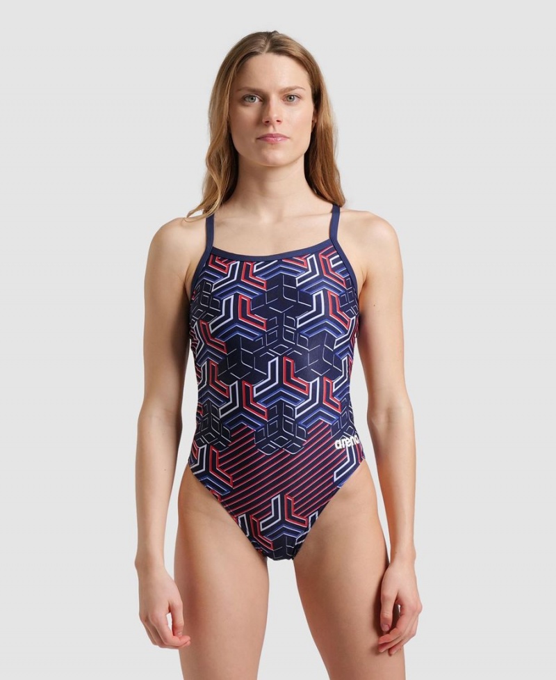 Maillot de Bain Arena Kikko Pro Challenge Back Bleu Marine Rouge Blanche Femme | KPT-11279649